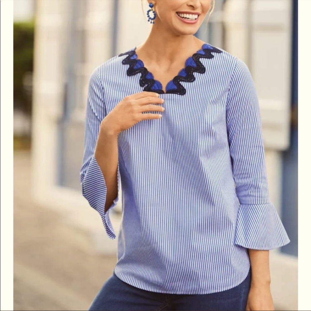 Talbots Blue‎ White Stripe Lace Trim Tunic Top XS
